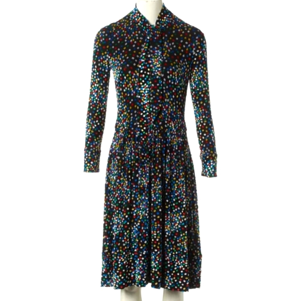 Paco Rabanne Designer Multicolor Confetti Long Sleeve Tie Neck Midi Dress, Sz L